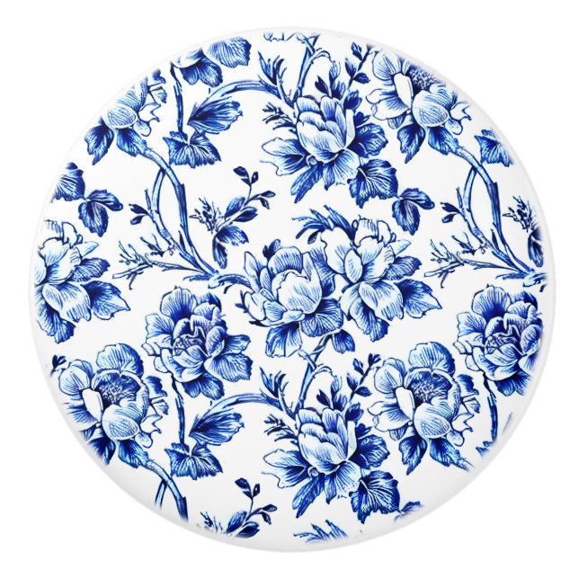 Blue and White Magnolias Toile de Jouy Ceramic Knob (Front)
