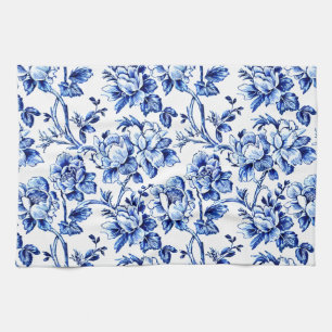 Blue and White Magnolias Toile de Jouy Kitchen Towel