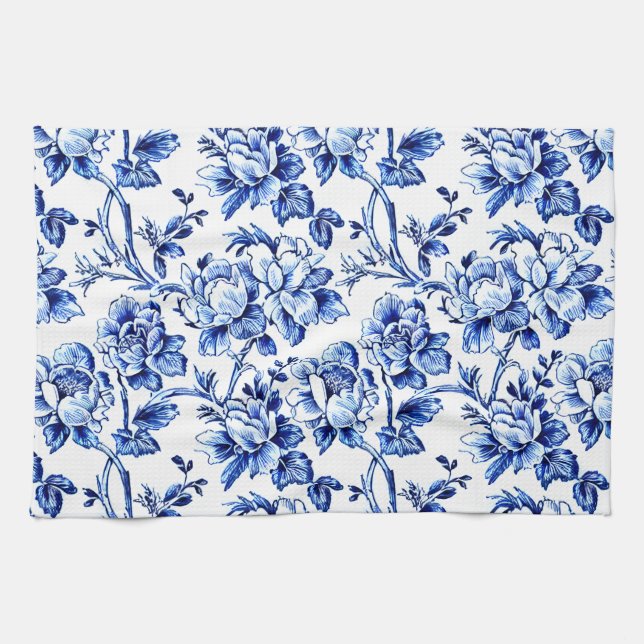 Blue and White Magnolias Toile de Jouy Kitchen Towel (Horizontal)