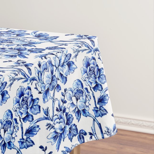 Blue and White Magnolias Toile de Jouy Tablecloth (In Situ)