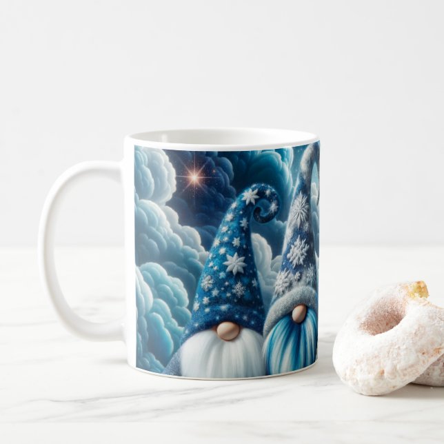 Blue and White Majestic Christmas Gnomes Cosmic  Coffee Mug (With Donut)