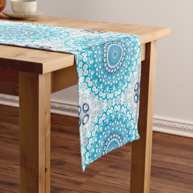 Blue and White Mandala Frosted Winter Geometric Medium Table Runner (In Situ)