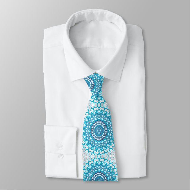 Blue and White Mandala Frosted Winter Geometric Tie (Tied)