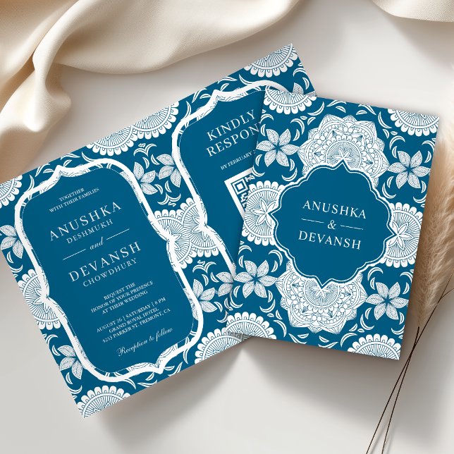 Blue and White Mandala QR Code Indian Wedding Invitation (Creator Uploaded)
