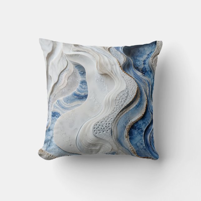 Blue and White Marble Crystal Geode Art Throw Pillow (Front)