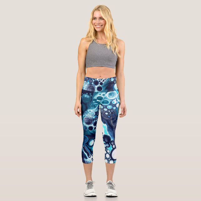 Blue and White Marble Fluid Art  Tank Top Capri Leggings (Front)