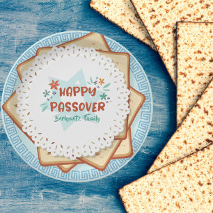 Blue and White Matzah Jewish Holiday Passover Paper Plate