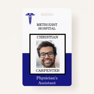 Blue and White Medical Facility Photo Name Badge
