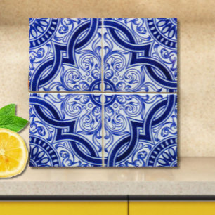 Blue and White Mediterranean Azulejo Pattern Tile