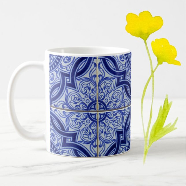 Blue and White Mediterranean Ceramic Tile Pattern  Coffee Mug (An elegant blue + white vintage azulejo tile pattern mug for your morning coffee or tea!)