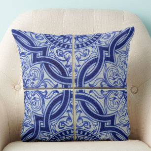 Blue and White Mediterranean Ceramic Tile Pattern Throw Pillow