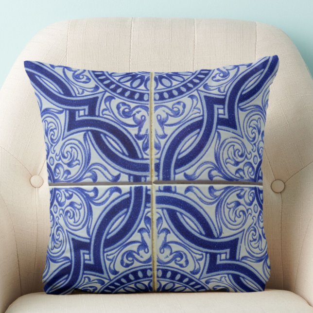 Blue and White Mediterranean Ceramic Tile Pattern Throw Pillow (An elegant blue and white vintage Portuguese tile pattern throw pillow to add style to your space.)