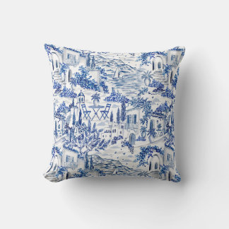 Blue and White Mediterranean Coastal Village Toile Throw Pillow