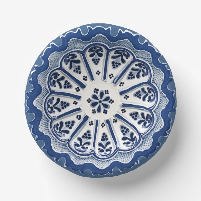 Blue and White Mediterranean Floral Faux China Paper Plate (Front)