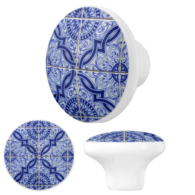 Blue and White Mediterranean Tile Pattern Elegant Ceramic Knob (Elegant blue + white vintage azulejo tile pattern ceramic knobs to enhance your space!)