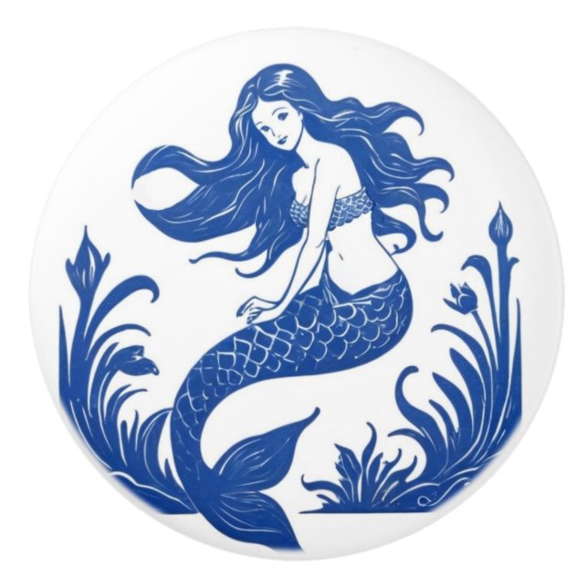 Blue and White Mermaid Ceramic Knob (Front)