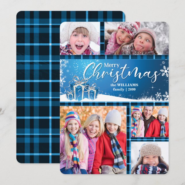 Blue and White Merry Christmas 5-Photo Holiday Card (Front/Back)