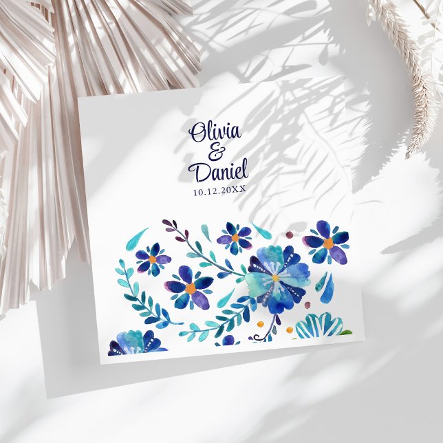 Blue and White Mexican Floral Fieasta Wedding  Napkin (Blue and White Mexican Floral Fieasta Wedding Paper Dinner Napkins on a sunny white table.)