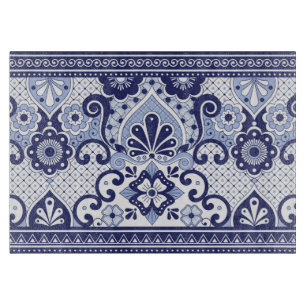 Blue and White Mexican Talavera Folk Art Tile Cutting Board