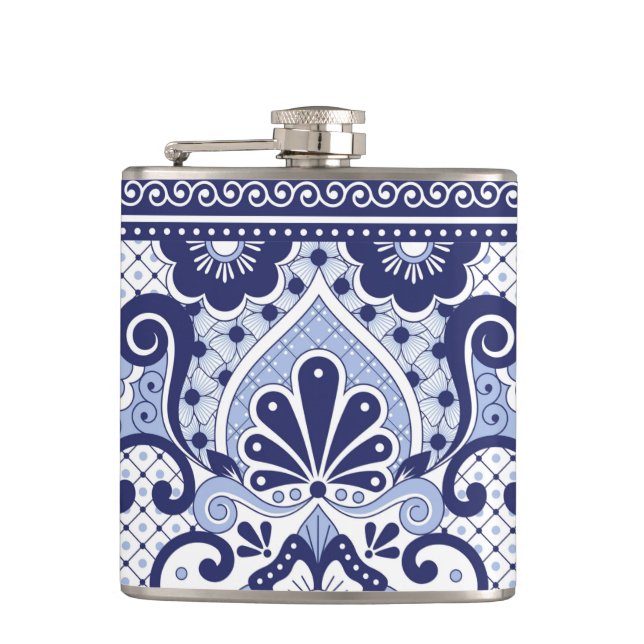 Blue and White Mexican Talavera Folk Art Tile Hip Flask (Front)