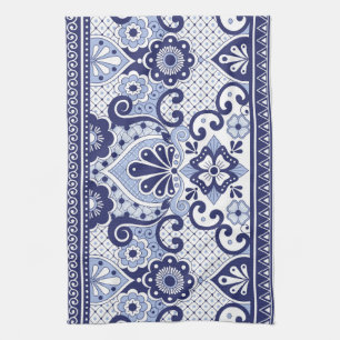 Blue and White Mexican Talavera Folk Art Tile Kitchen Towel