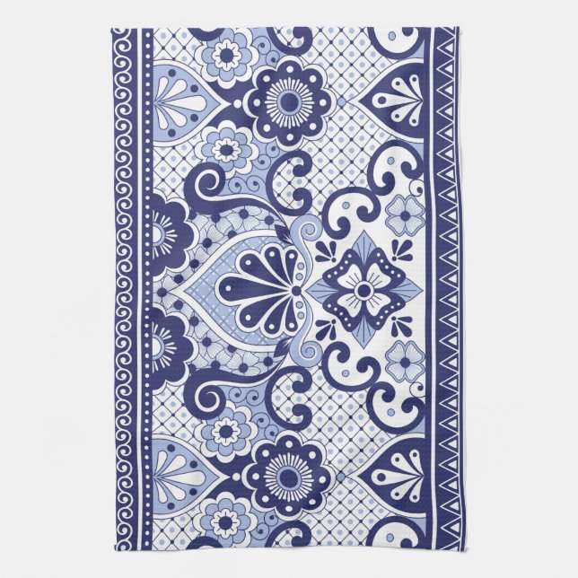 Blue and White Mexican Talavera Folk Art Tile Kitchen Towel (Vertical)