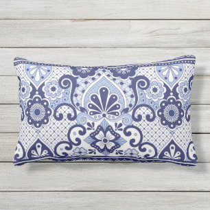 Blue and White Mexican Talavera Folk Art Tile Lumbar Pillow