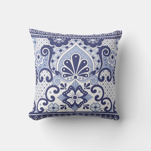 Blue and White Mexican Talavera Folk Art Tile  Outdoor Pillow (Front)