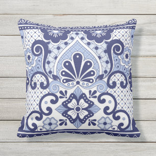 Blue and White Mexican Talavera Folk Art Tile Outdoor Pillow