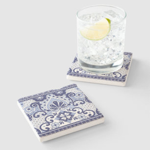 Blue and White Mexican Talavera Folk Art Tile Stone Coaster