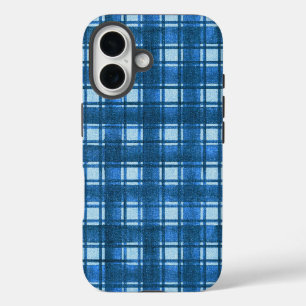 Blue and White Modern Denim Plaid Pattern iPhone 16 Case