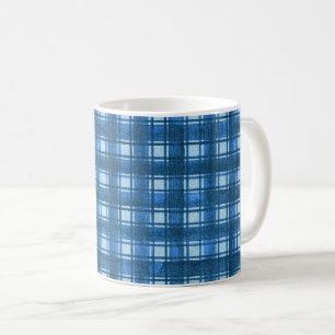 Blue and White Modern Denim Plaid Pattern Coffee Mug