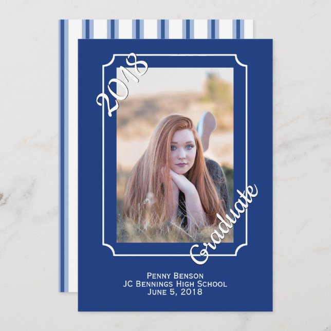 Blue and White Modern Photo Graduation Annoucement Invitation (Front/Back)