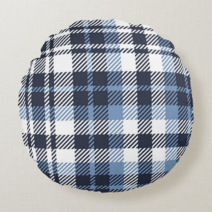 Blue and White modern tartan plaid Scottish seamle Round Pillow