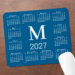Blue and White Monogram 2027 Calendar Mouse Pad