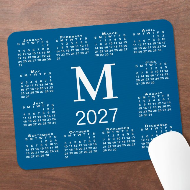 Blue and White Monogram 2027 Calendar Mouse Pad (Blue and White Monogram 2027 Calendar Mouse Pad in situ)