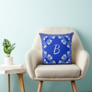 Blue and White Monogram Bandana Design Throw Pillow