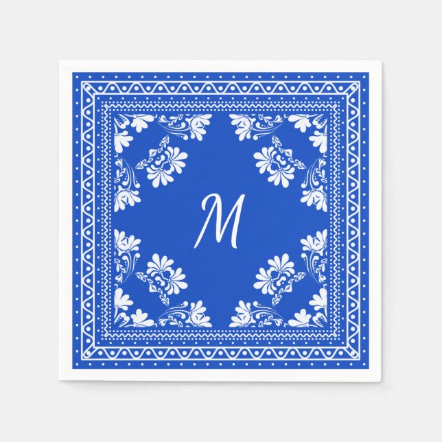 blue and white monogram bandana pattern napkin (Front)