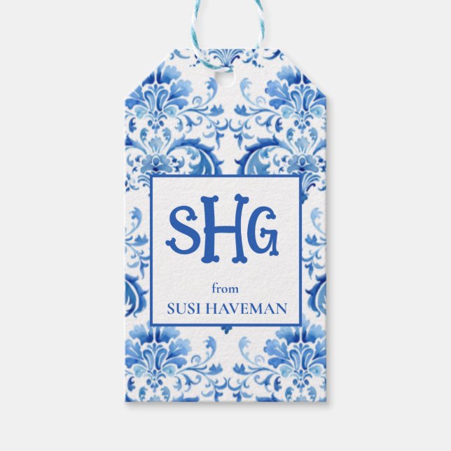 Blue and White Monogram Gift Tag (Front)