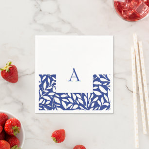 Blue and White Monogram Leaf Pattern II Napkin