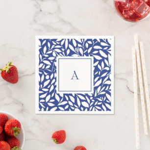 Blue and White Monogram Leaf Pattern Napkin