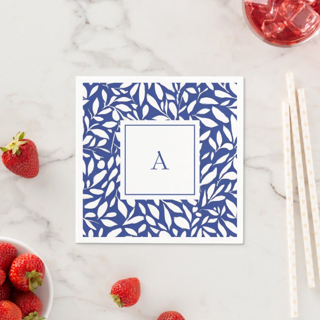 Blue and White Monogram Leaf Pattern Napkin (Insitu)