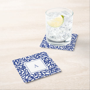Blue and White Monogram Leaf Pattern Square Paper Coaster
