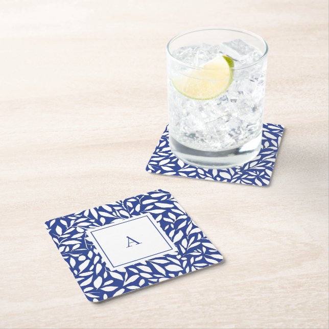 Blue and White Monogram Leaf Pattern Square Paper Coaster (Insitu)