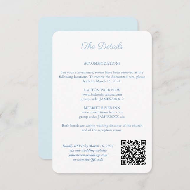 Blue And White Monogram QR Code Wedding Details Enclosure Card (Front/Back)
