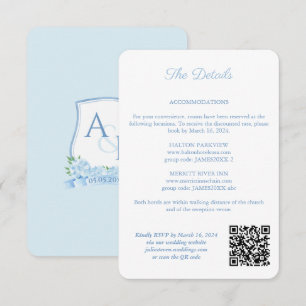 Blue And White Monogram QR Code Wedding Details Enclosure Card