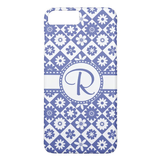 Blue and White Monogram R Pretty Floral Pattern Case-Mate iPhone Case (Back)