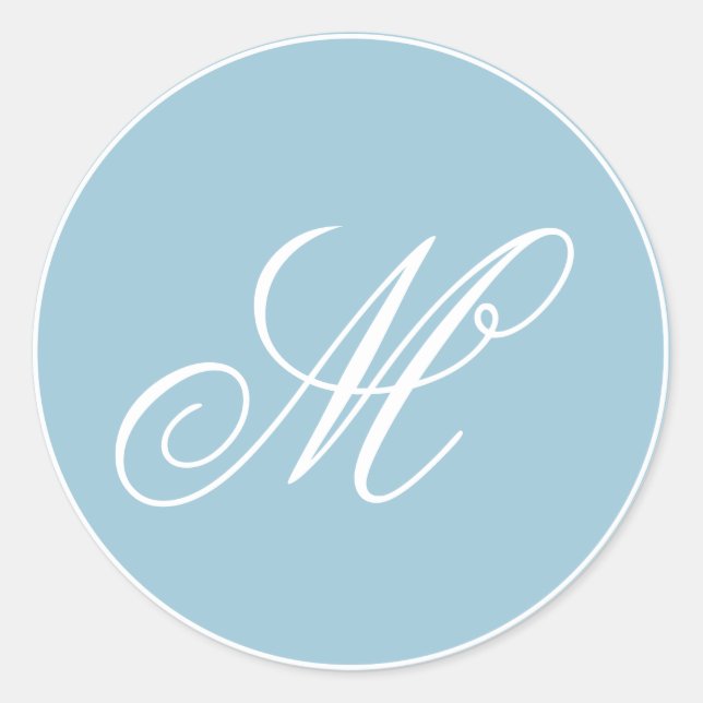Blue and White Monogram Script Classic Round Sticker (Front)