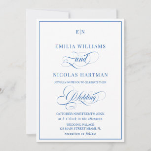 Blue and White Monogram Wedding Invitation