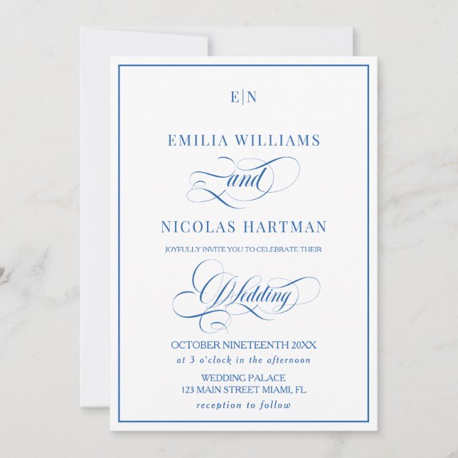 Blue and White Monogram Wedding Invitation (Front)